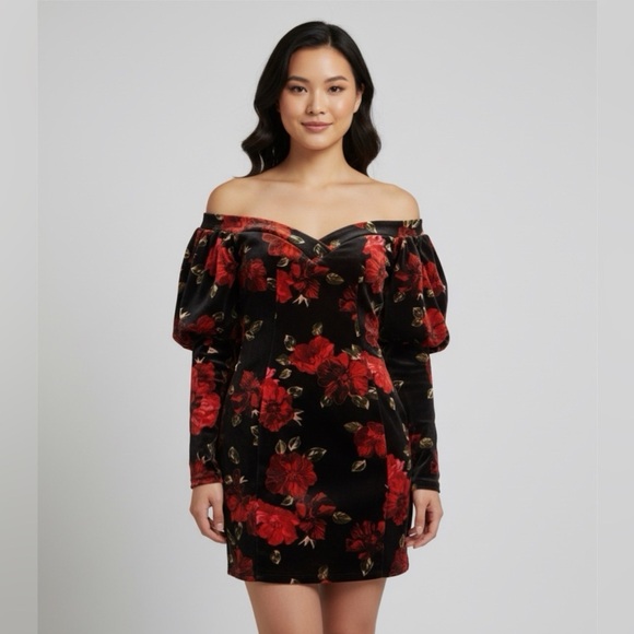 ASOS Dresses & Skirts - ASOS Dress Women’s Size 6 Floral Off Shoulder Mini Velvet Feeling